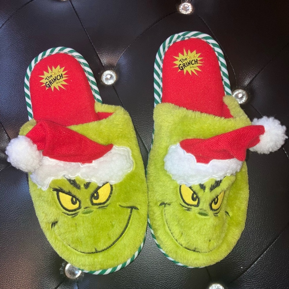 The Grinch Green Slippers with Santa Hat